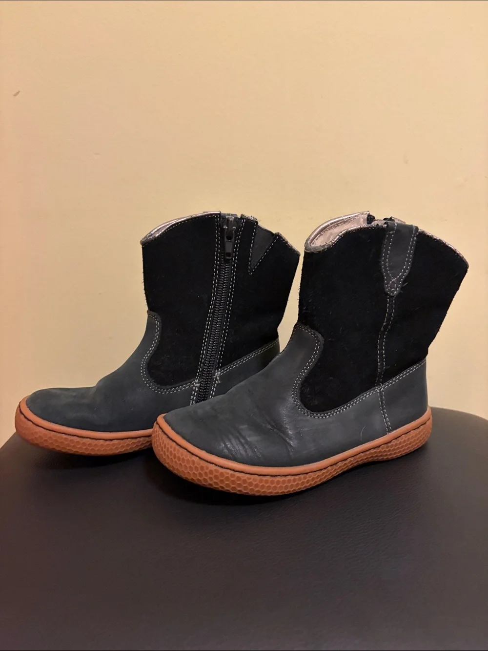 Livie & Luca Black Leather and Suede Kids Zip Boots with Brown Sole